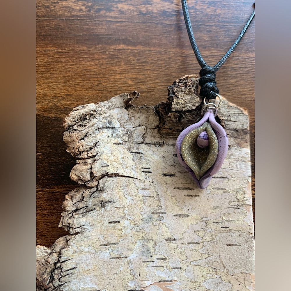 Sensual Floral Necklace Handmade Clay Pendant Adjustable Length Cord - Picture 7 of 12